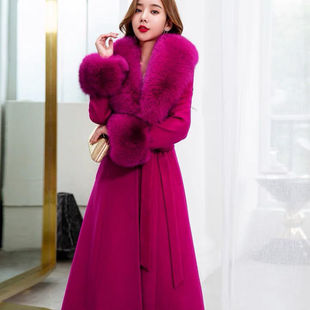 皮草外套女高端玫红小个子新款奢华狐狸毛领中长款收腰羊绒大衣女