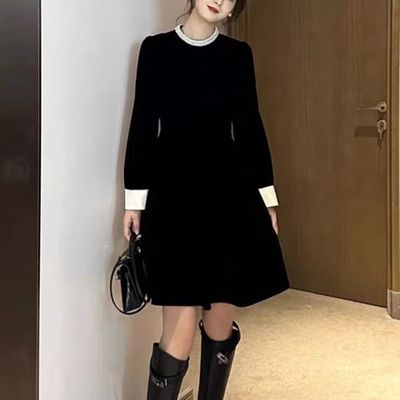 春秋真丝金丝绒法式复古连衣裙