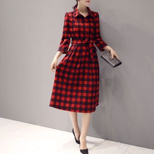 连衣裙爆款23新品女装复古格子撞色拼接春秋显瘦收腰中长款A字裙
