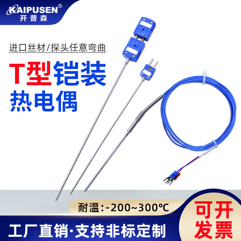 开普森进口T型铠装热电偶探针低温液氮-200温度传感器探头可弯曲