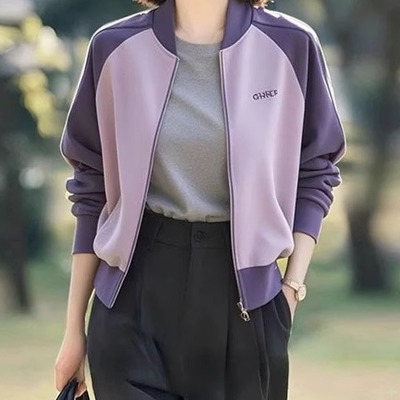 2025超火减龄早秋百搭韩系休闲设计感薄款卫衣无帽棒球服紫色外套