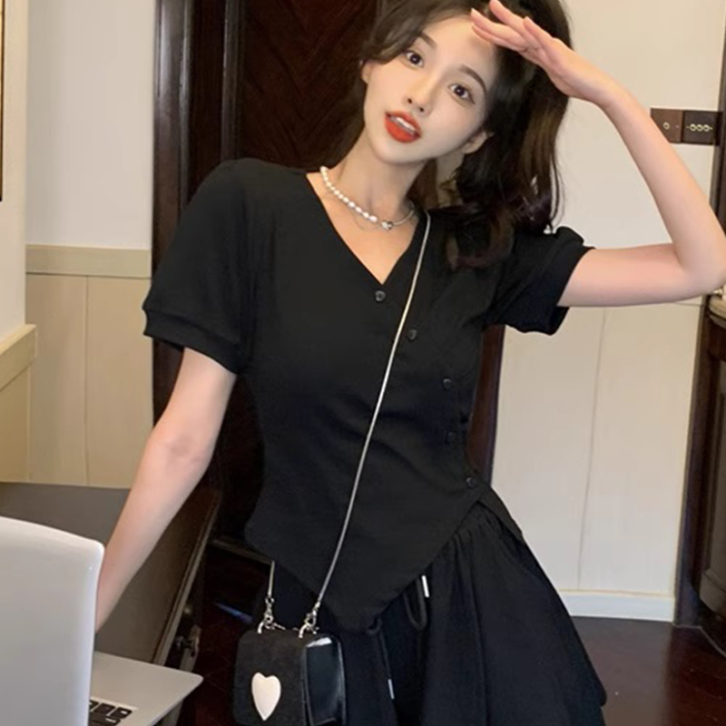 大码胖mm遮肚子显瘦收腰不规则t恤短袖女外穿夏季新款V领正肩上衣