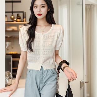 白色冰丝t恤女薄款设计感镂空小香风短袖针织开衫短款泡泡袖上衣