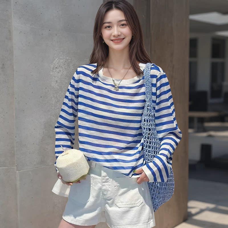 蓝白条纹针织长袖t恤女夏季