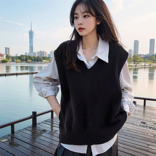 黑色V领针织衫马甲背心女秋冬新款叠穿无袖毛衣宽松外搭坎肩马夹