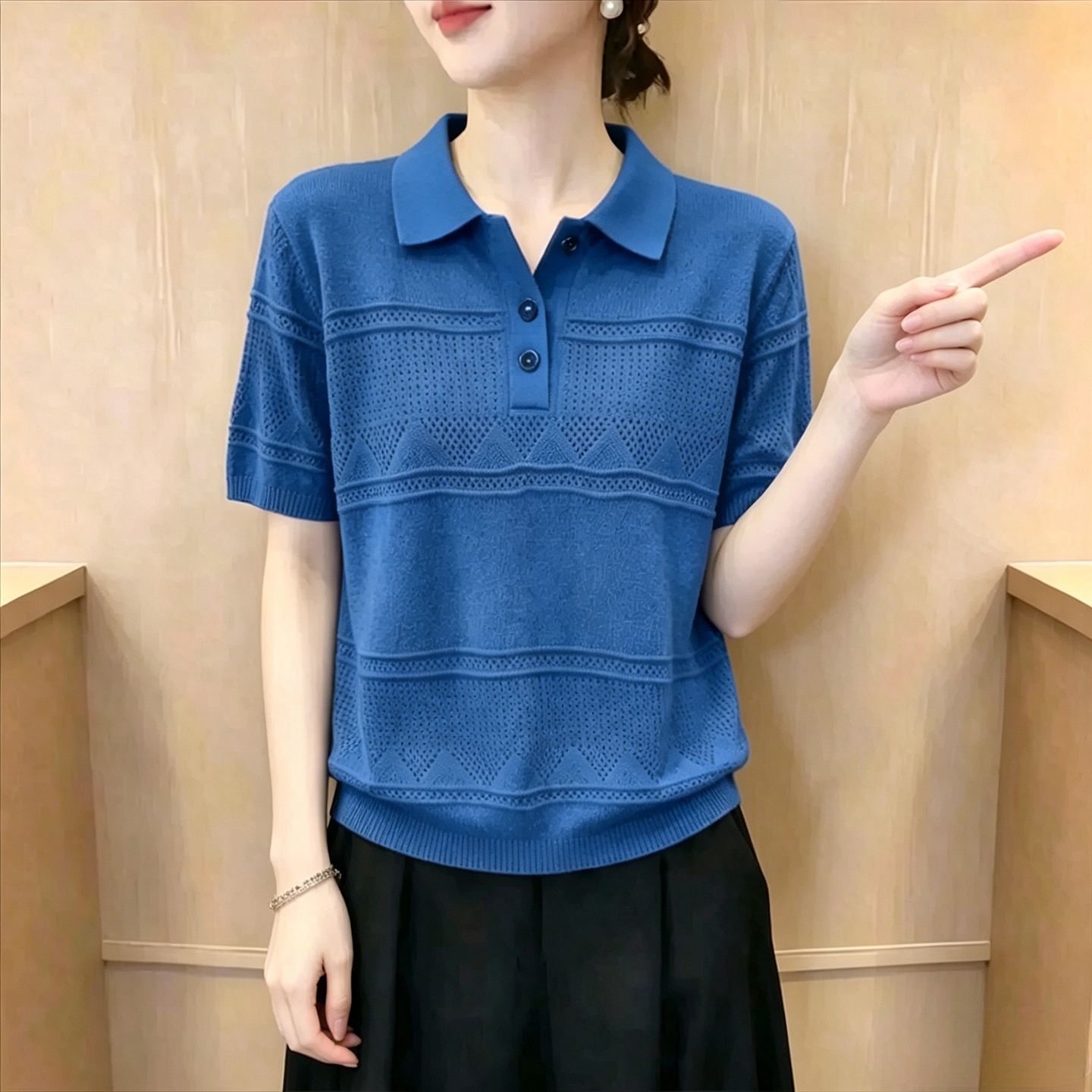 夏季女翻领短袖透气显瘦针织衫