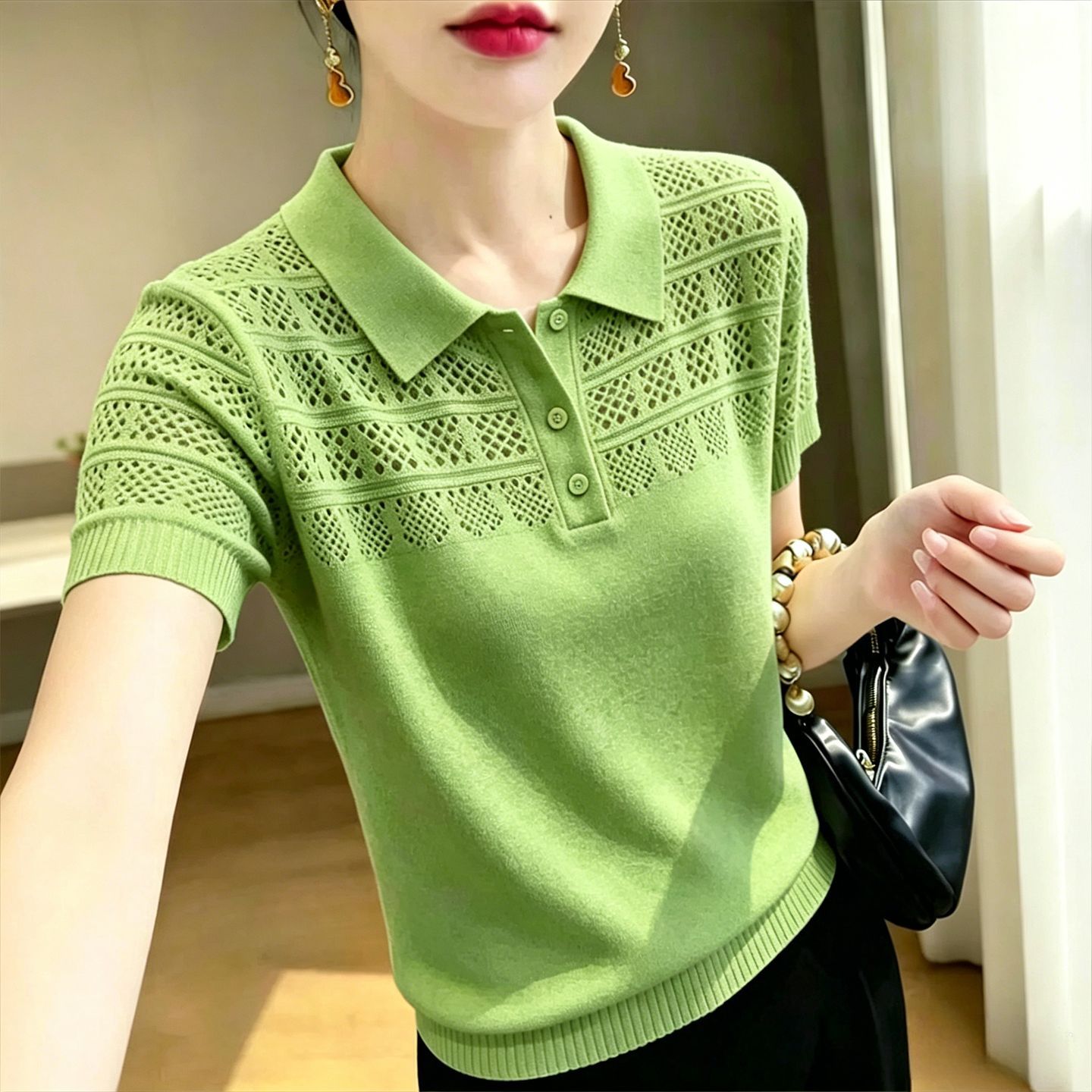 冰丝Polo领镂空短袖遮肚针织衫女
