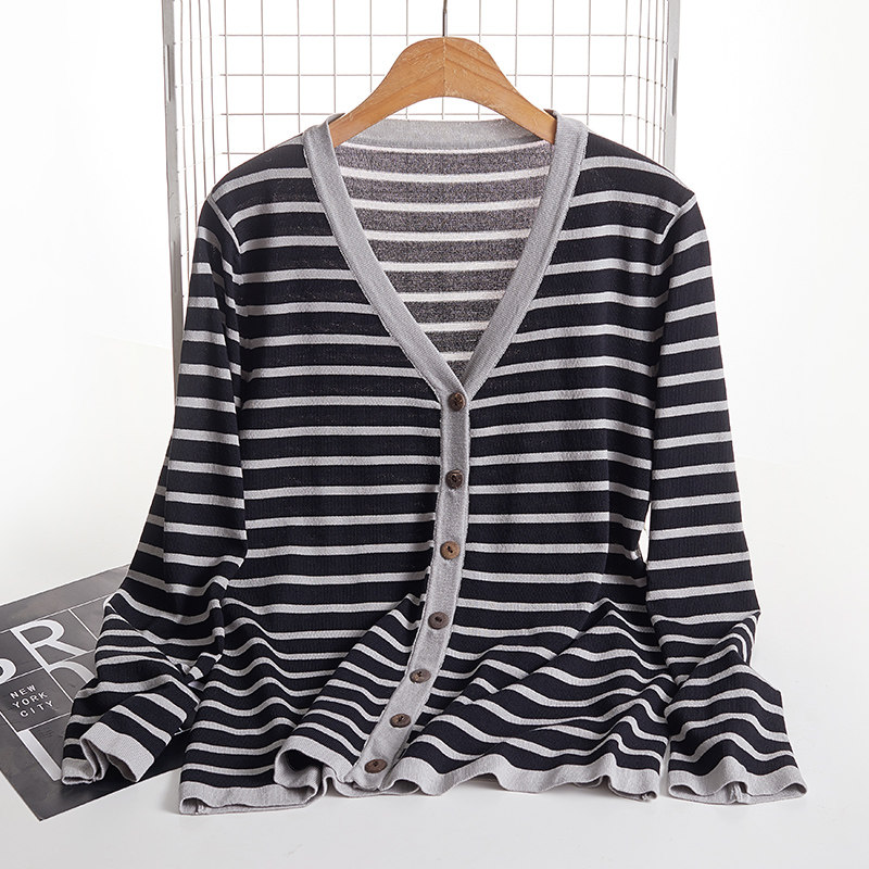 条纹针织开衫薄款外套女2021新款夏季宽松冰丝V领防晒空调衫上衣
