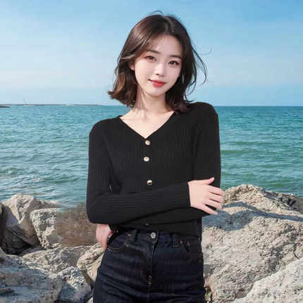 黑色V领针织开衫女春秋新款设计感小众毛衣外套修身百搭短款上衣