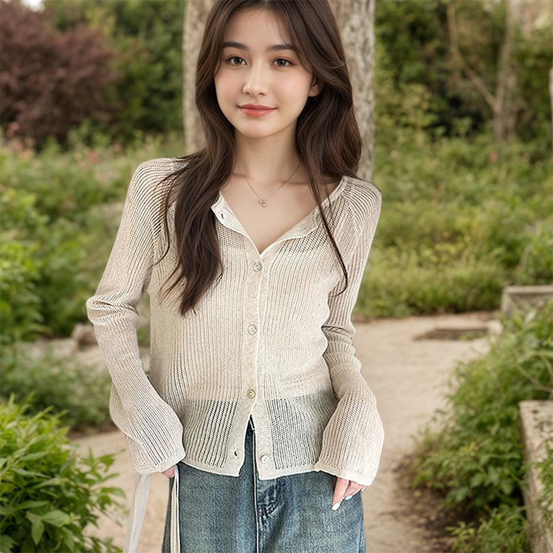镂空针织开衫女夏季薄款微透外套休闲宽松外搭长袖防晒空调衫上衣