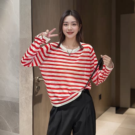 条纹冰丝防晒罩衫女夏季新款设计感宽松慵懒风长袖T恤空调衫上衣