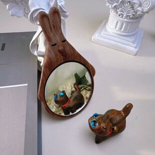 纯手工制作天然实木檀木可爱呆萌小兔化妆镜旅行便携随身口红镜