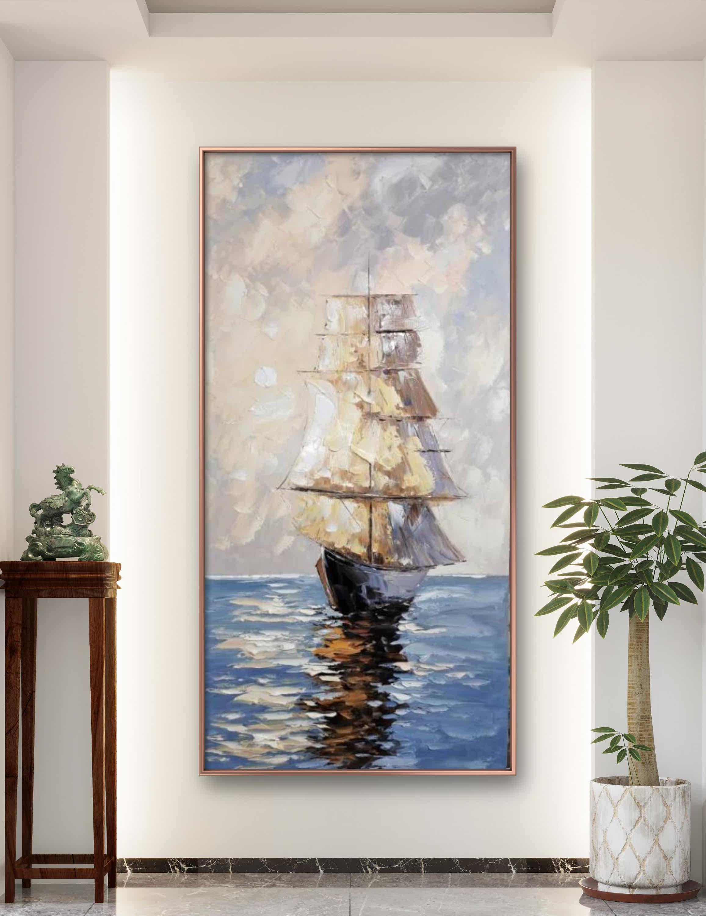 手绘一帆风顺入户玄关装饰画油画现代简约走廊挂画办公室客厅壁画