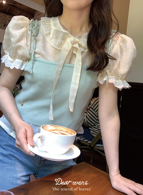 Dear wednesday. 2024新款法式蕾丝花边泡泡短袖衬衫蝴蝶印花小衫