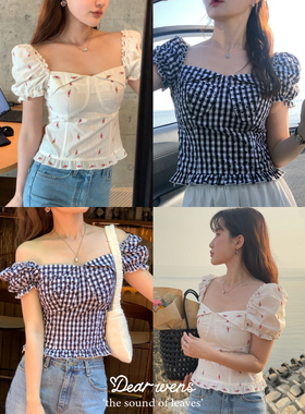 Dear wednesday.初夏花事法式小红花刺绣小衫斜肩一字领短袖上衣