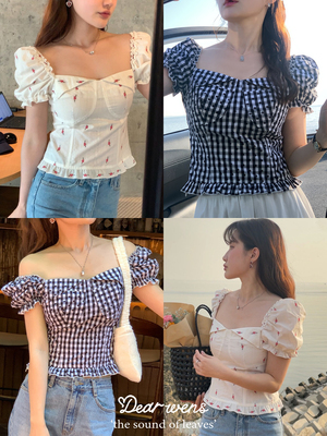 Dear wednesday.初夏花事法式小红花刺绣小衫斜肩一字领短袖上衣