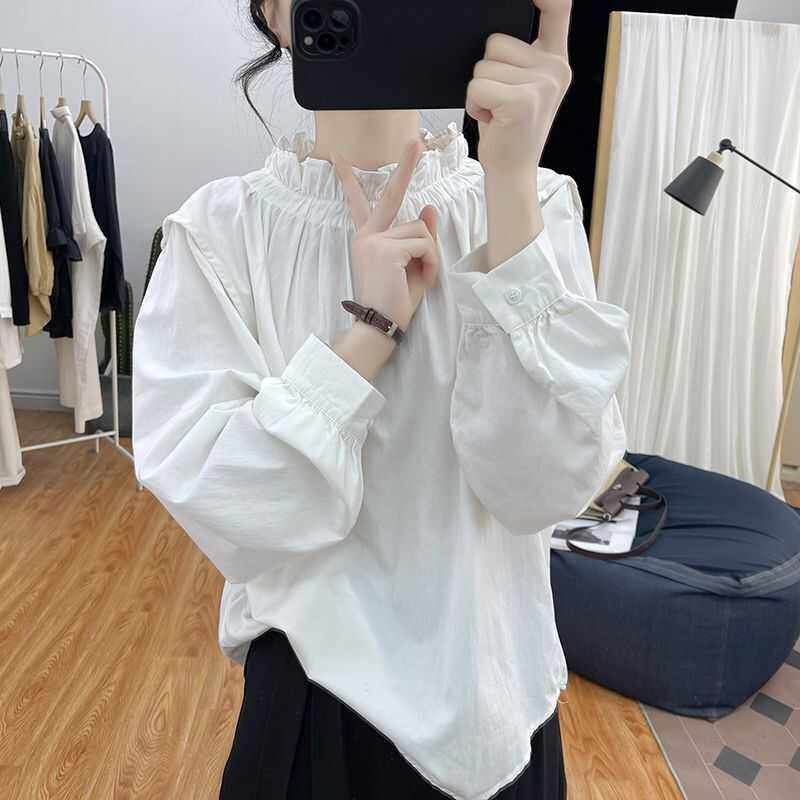 复古简约大气复古荷叶边衬衫女春秋新款套头长袖宽松修身显瘦上
