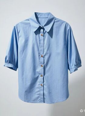 2026商场同款简约蓝色条纹上衣衬衫女休闲娃娃领短袖开衫标记vmeF