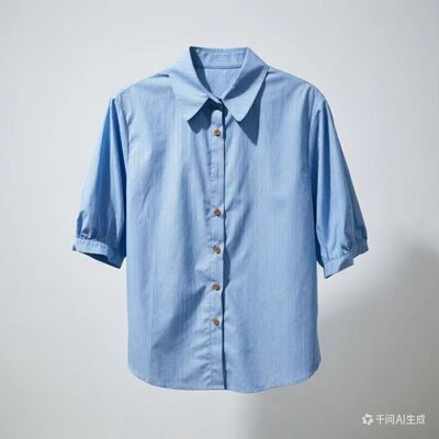 2026商场同款简约蓝色条纹衬衫女休闲娃娃领短袖纯棉精品上衣女EO