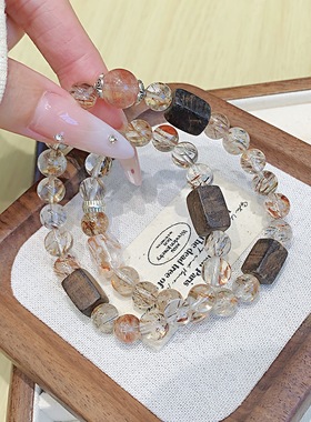 新中式黑金超七天然水晶手链 水晶手串原石水晶 天然水晶手链