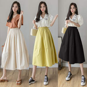RM9469#夏季新款百搭纯色高腰显瘦松紧腰中长款大摆半身裙女