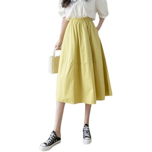 RM9469#夏季新款百搭纯色高腰显瘦松紧腰中长款大摆半身裙女