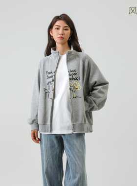 Bbfer本依凡超柔绒开襟卫衣双拉链加厚短外套0282左右拼接印花