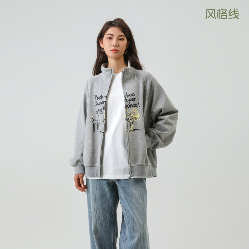 Bbfer本依凡超柔绒开襟卫衣双拉链加厚短外套0282左右拼接印花