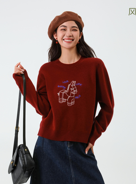 BBFER本依凡冬贴画毛衣软糯氛围感套头红色慵懒风女绵羊毛0047
