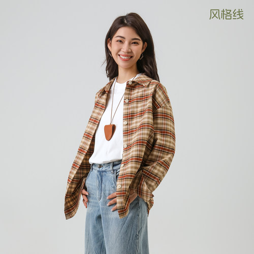 Bbfer本依凡OVERSIZE冬款女复古艺术格子衬衫长袖单排扣衬衣0002