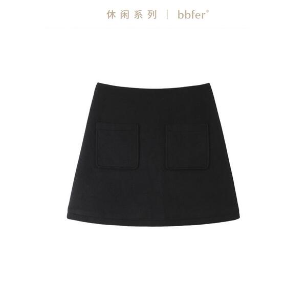 bbfer本依凡24年冬季 半身裙女毛呢a字黑色短裙百搭休闲SSSYQ0054