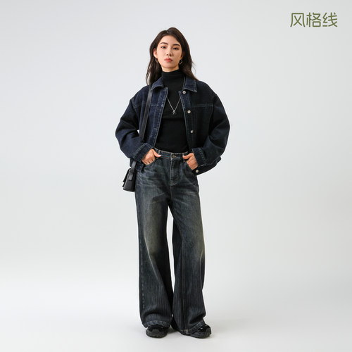 BBFER本依凡冬款女裤磨毛加厚牛仔裤微喇长裤后腰松紧0192