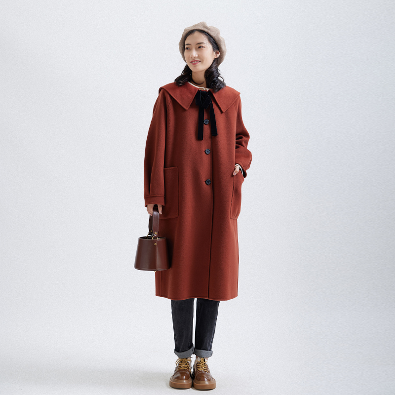 本依凡中长单排扣大翻领毛呢大衣