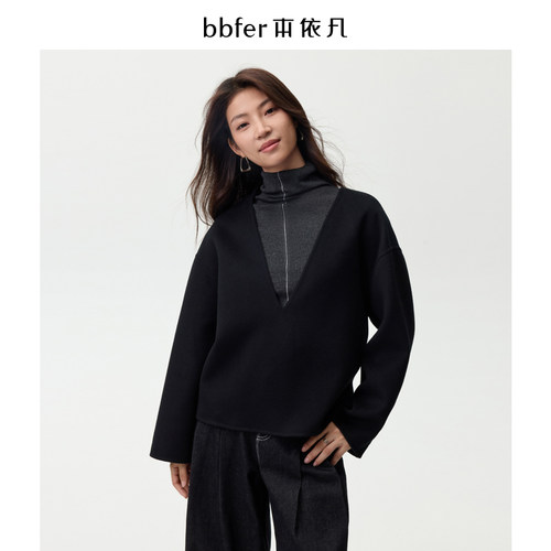 bbfer本依凡冬季短款双面呢大衣女黑色毛呢外套宽松小众SSSSM0246