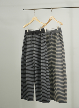 BBFER/本依凡慵懒风条纹休闲裤女高腰抽绳百搭显瘦阔腿裤0001