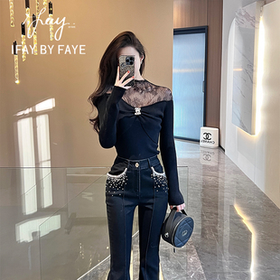 FAYE 亮片小香风外套 IFAY 蕾丝针织上衣 珠钻微喇牛仔裤