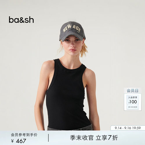 bash秋季简约基础款内搭黑色棉质工字背心女无袖罗纹上衣1H23CYND
