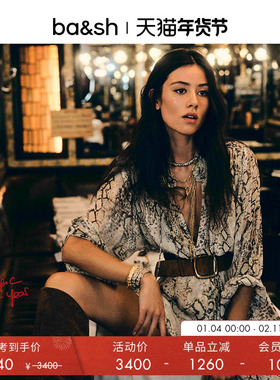 【张雅钦同款】bash春季海蟒纹复古度假长袖收腰连衣长裙1H25SAHA