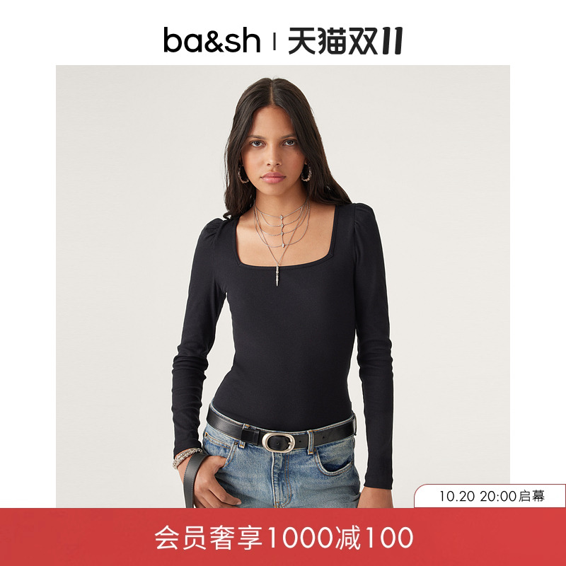 bash秋季打底衫方领上衣别致褶皱袖正肩针织衫长袖T恤1H23OPRA