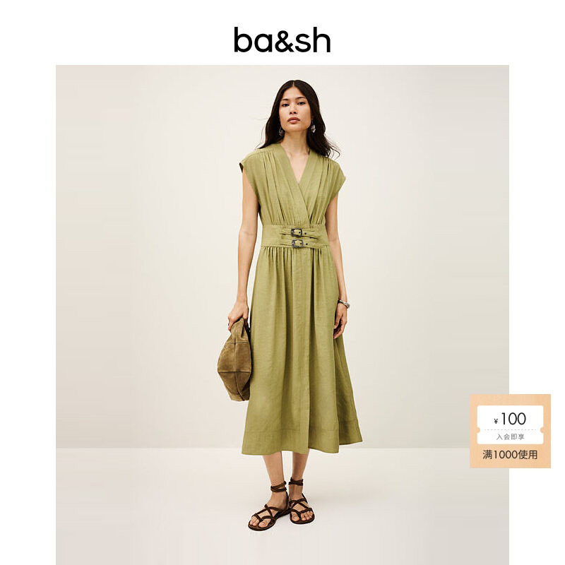 bash夏季法式简约素色松弛基本款连衣裙女装无袖连身长裙1H25DOVE