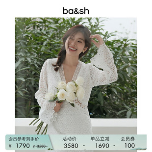 bash春季 优雅蕾丝镂空长袖 V领喇叭袖 短裙连衣裙1E24GALI 白色法式