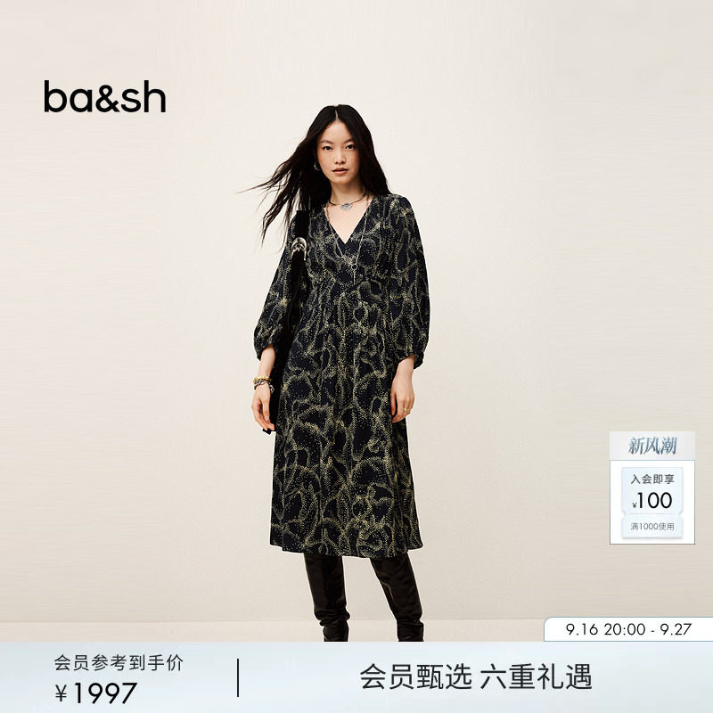 bash秋季星点跃马复古华丽V领长袖泡泡袖连衣裙女小黑裙1H25HEND图片