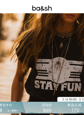 【谭松韵同款】bash春季法式复古休闲印花棉质短袖T恤女1H25REES