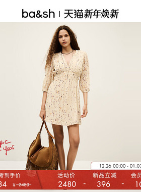 bash春季法式度假碎花裙收腰v领五分袖连衣短裙1H25KANI