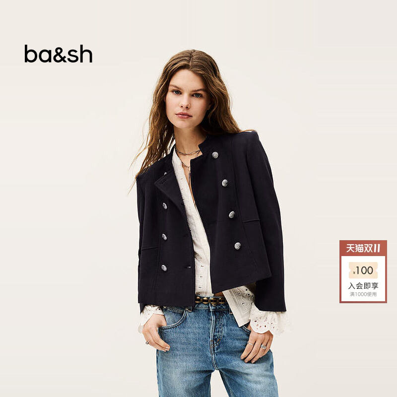 bash秋季法式经典干练通勤女绵羊毛混纺正肩双排扣短外套1E25MISL