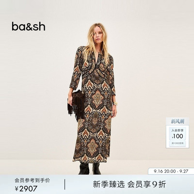 bash2026新款秋季野性图腾复古民族风度假印花连衣裙长裙1H26ZONO