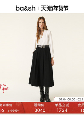 bash冬季黑白拼色假两件正装通勤法式V领长袖长裙连衣裙1H24VIOL