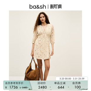 连衣裙1H25KANI 度假风印花连身短裙女收腰v领五分袖 bash春季 法式