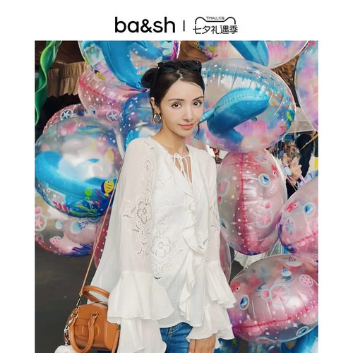 bash早秋法式度假风镂空系带衬衫荷叶边气质长袖上衣小衫1H25OMAR