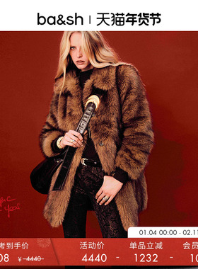 【戚薇同款】bash冬季法式复古棕色女士环保皮草外套大衣1H25LEST